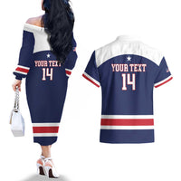 Custom United States Lacrosse Couples Matching Off The Shoulder Long Sleeve Dress and Hawaiian Shirt Go Champions Blue Version