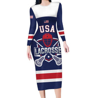 Custom United States Lacrosse Family Matching Long Sleeve Bodycon Dress and Hawaiian Shirt Go Champions Blue Version