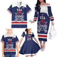 Custom United States Lacrosse Family Matching Off The Shoulder Long Sleeve Dress and Hawaiian Shirt Go Champions Blue Version