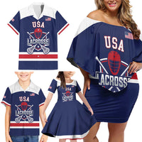 Custom United States Lacrosse Family Matching Off Shoulder Short Dress and Hawaiian Shirt Go Champions Blue Version