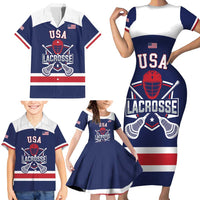 Custom United States Lacrosse Family Matching Short Sleeve Bodycon Dress and Hawaiian Shirt Go Champions Blue Version