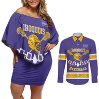 Custom Iroquois Lacrosse Couples Matching Off Shoulder Short Dress and Long Sleeve Button Shirt Haudenosaunee Nationals