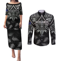 Custom New Zealand Silver Fern Rugby Couples Matching Puletasi and Long Sleeve Button Shirt All Black Since 1892 Aotearoa Moko Maori - Wonder Print Shop