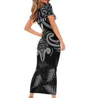 Custom New Zealand Silver Fern Rugby Family Matching Short Sleeve Bodycon Dress and Hawaiian Shirt All Black Since 1892 Aotearoa Moko Maori - Wonder Print Shop