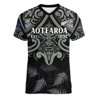 Custom New Zealand Silver Fern Rugby Women V-Neck T-Shirt All Black Since 1892 Aotearoa Moko Maori - Wonder Print Shop