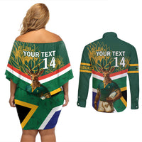 Custom South Africa Rugby Couples Matching Off Shoulder Short Dress and Long Sleeve Button Shirt 2024 Go Springboks Mascot African Pattern - Wonder Print Shop