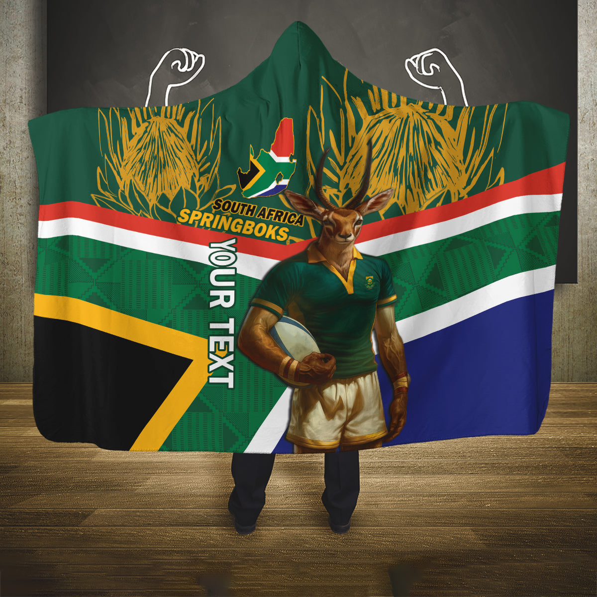 Custom South Africa Rugby Hooded Blanket 2024 Go Springboks Mascot African Pattern