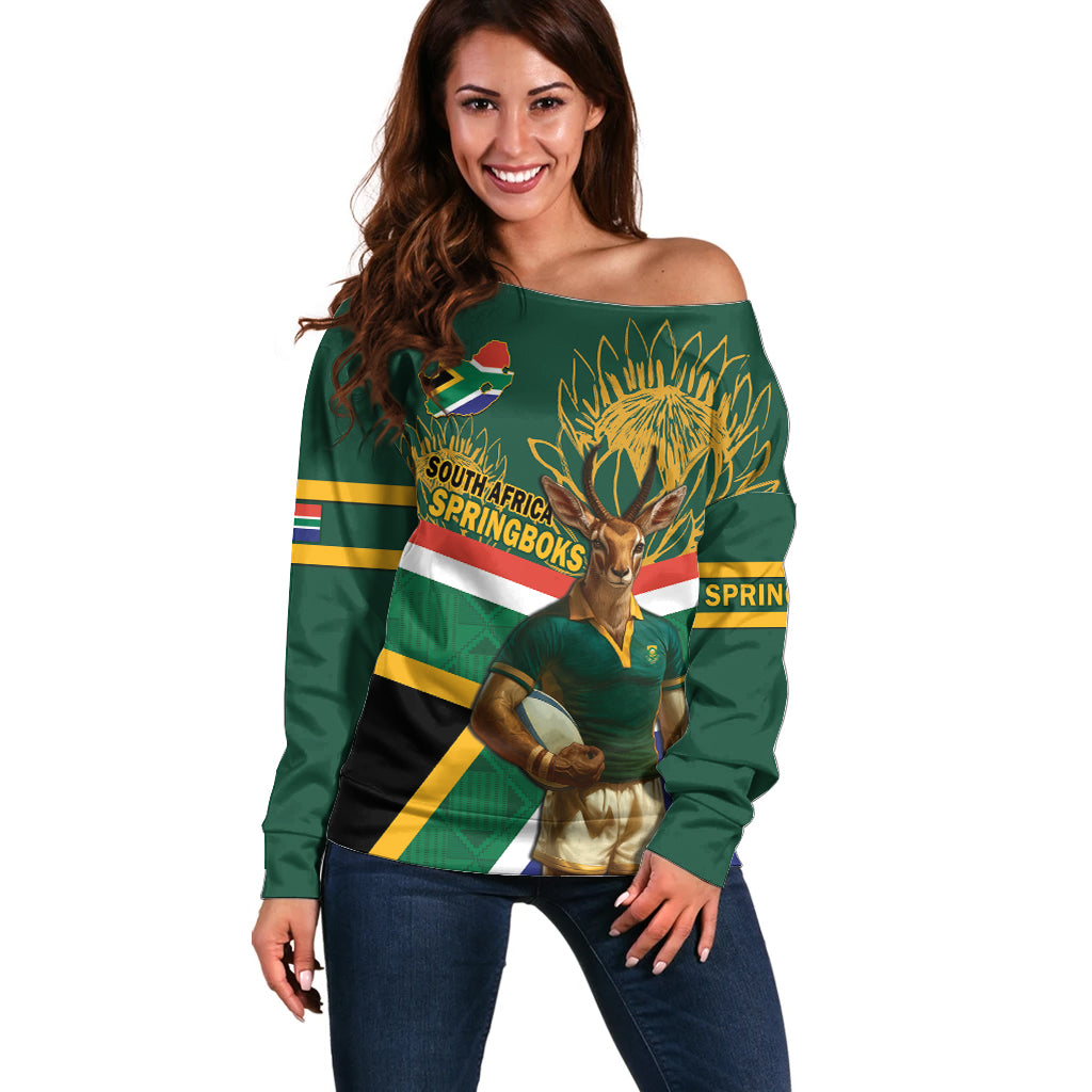 Custom South Africa Rugby Off Shoulder Sweater 2024 Go Springboks Mascot African Pattern