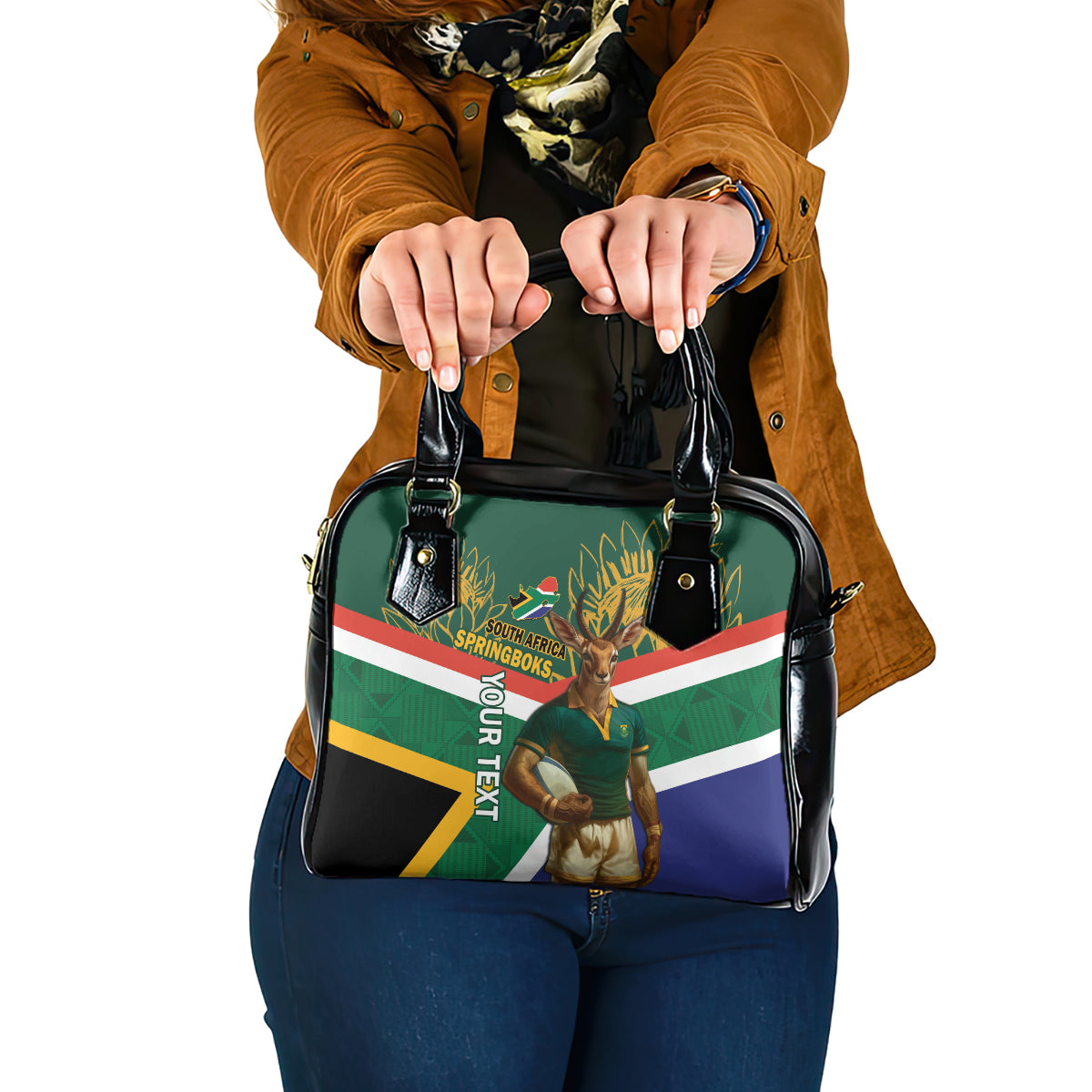 Custom South Africa Rugby Shoulder Handbag 2024 Go Springboks Mascot African Pattern