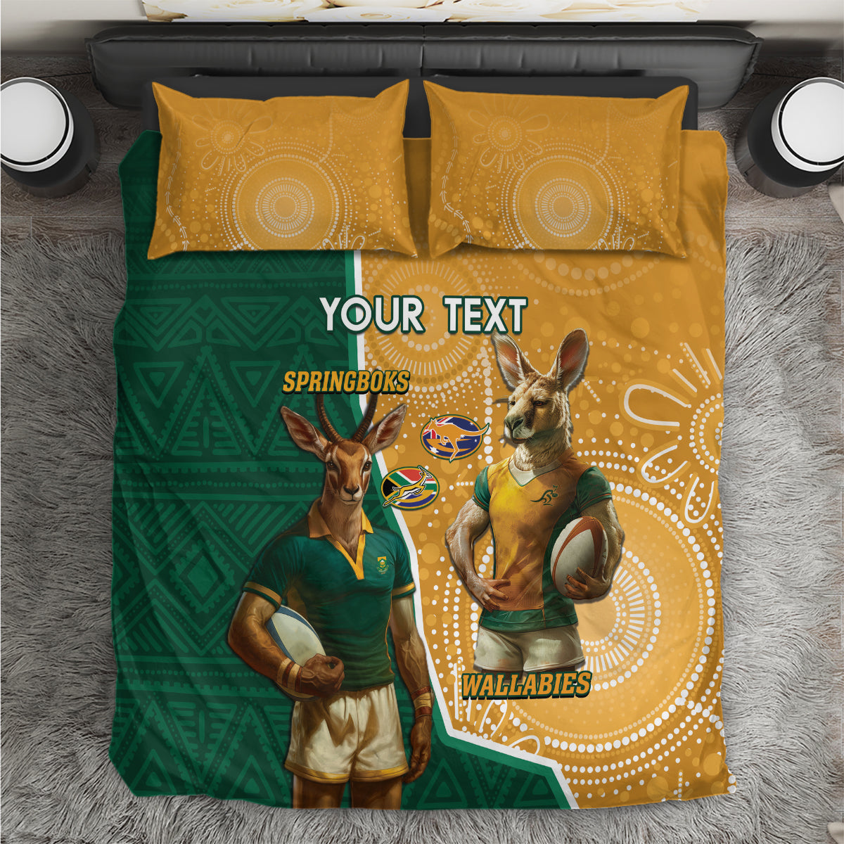 Personalised South Africa And Australia Rugby Bedding Set 2024 Springboks Wallabies Mascots Together