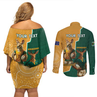 Personalised South Africa And Australia Rugby Couples Matching Off Shoulder Short Dress and Long Sleeve Button Shirt 2024 Springboks Wallabies Mascots Together - Wonder Print Shop