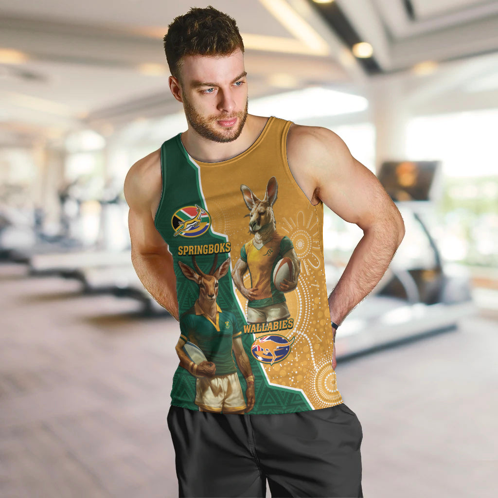 Personalised South Africa And Australia Rugby Men Tank Top 2024 Springboks Wallabies Mascots Together