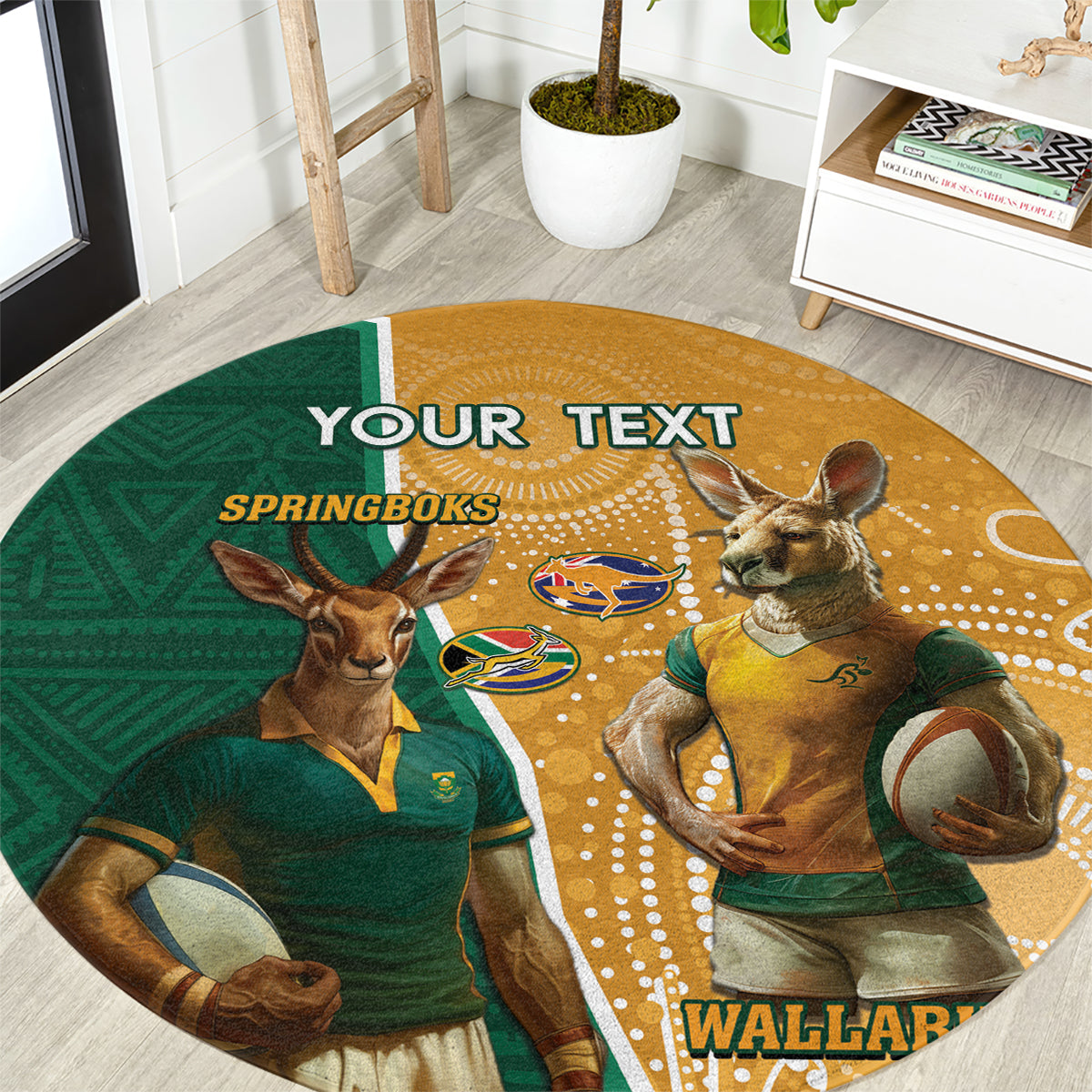 Personalised South Africa And Australia Rugby Round Carpet 2024 Springboks Wallabies Mascots Together