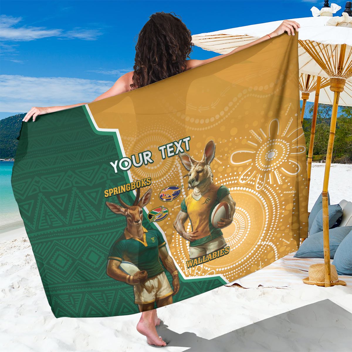 Personalised South Africa And Australia Rugby Sarong 2024 Springboks Wallabies Mascots Together