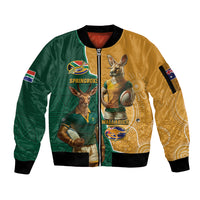 Personalised South Africa And Australia Rugby Sleeve Zip Bomber Jacket 2024 Springboks Wallabies Mascots Together - Wonder Print Shop