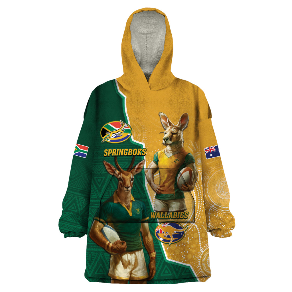 Personalised South Africa And Australia Rugby Wearable Blanket Hoodie 2024 Springboks Wallabies Mascots Together