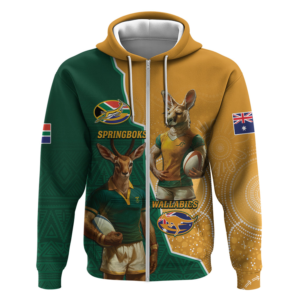Personalised South Africa And Australia Rugby Zip Hoodie 2024 Springboks Wallabies Mascots Together