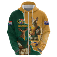 Personalised South Africa And Australia Rugby Zip Hoodie 2024 Springboks Wallabies Mascots Together - Wonder Print Shop