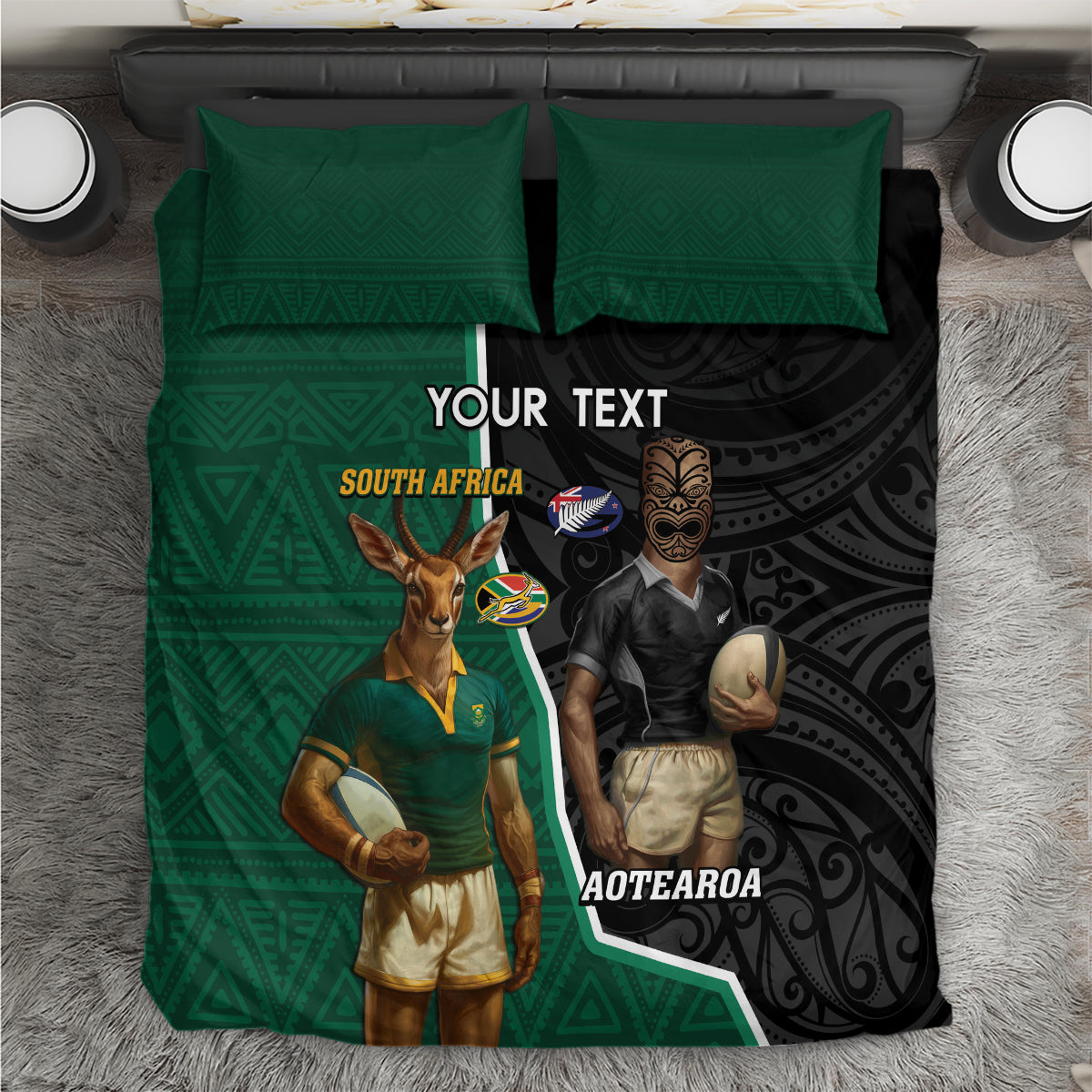 Personalised New Zealand And South Africa Rugby Bedding Set 2024 All Black Springboks Mascots Together