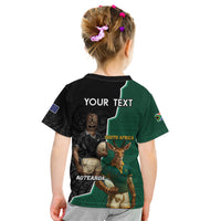 Personalised New Zealand And South Africa Rugby Kid T Shirt 2024 All Black Springboks Mascots Together - Wonder Print Shop