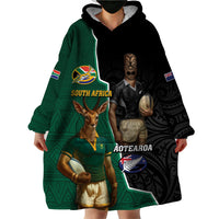 Personalised New Zealand And South Africa Rugby Wearable Blanket Hoodie 2024 All Black Springboks Mascots Together - Wonder Print Shop