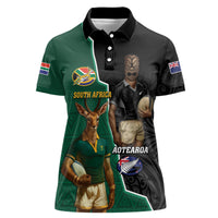 Personalised New Zealand And South Africa Rugby Women Polo Shirt 2024 All Black Springboks Mascots Together - Wonder Print Shop