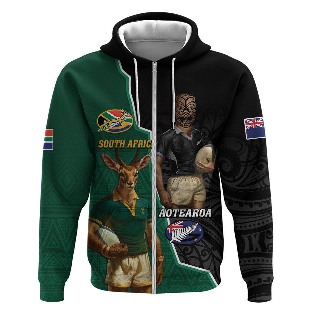 Personalised New Zealand And South Africa Rugby Zip Hoodie 2024 All Black Springboks Mascots Together
