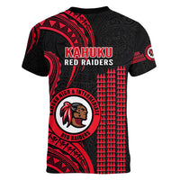 Hawaii Kahuku High And Intermediate School Women V Neck T Shirt Red Raiders Kakau Pattern - Wonder Print Shop