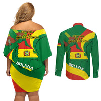 Bolivia Couples Matching Off Shoulder Short Dress and Long Sleeve Button Shirts Bolivian Kantuta Happy 198th Independence Day - Wonder Print Shop