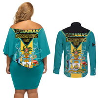 Bahamas Couples Matching Off Shoulder Short Dress and Long Sleeve Button Shirts Happy Bahamian Emancipation Day - Wonder Print Shop
