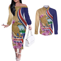 Costa Rica Independence Day Couples Matching Off The Shoulder Long Sleeve Dress and Long Sleeve Button Shirt 506 Proud Yiguirro With Orchid - Wonder Print Shop