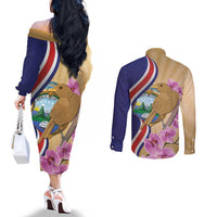 Costa Rica Independence Day Couples Matching Off The Shoulder Long Sleeve Dress and Long Sleeve Button Shirt 506 Proud Yiguirro With Orchid - Wonder Print Shop