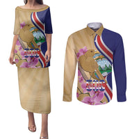 Costa Rica Independence Day Couples Matching Puletasi and Long Sleeve Button Shirt 506 Proud Yiguirro With Orchid - Wonder Print Shop