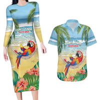 Pura Vida Costa Rica Couples Matching Long Sleeve Bodycon Dress and Hawaiian Shirt Chilling Scarlet Macaw Tropical Vibes - Wonder Print Shop