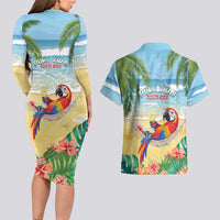 Pura Vida Costa Rica Couples Matching Long Sleeve Bodycon Dress and Hawaiian Shirt Chilling Scarlet Macaw Tropical Vibes - Wonder Print Shop