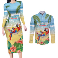Pura Vida Costa Rica Couples Matching Long Sleeve Bodycon Dress and Long Sleeve Button Shirt Chilling Scarlet Macaw Tropical Vibes - Wonder Print Shop