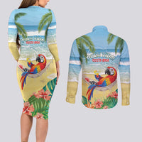 Pura Vida Costa Rica Couples Matching Long Sleeve Bodycon Dress and Long Sleeve Button Shirt Chilling Scarlet Macaw Tropical Vibes - Wonder Print Shop