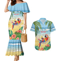 Pura Vida Costa Rica Couples Matching Mermaid Dress and Hawaiian Shirt Chilling Scarlet Macaw Tropical Vibes - Wonder Print Shop