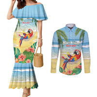 Pura Vida Costa Rica Couples Matching Mermaid Dress and Long Sleeve Button Shirt Chilling Scarlet Macaw Tropical Vibes - Wonder Print Shop