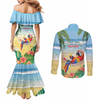 Pura Vida Costa Rica Couples Matching Mermaid Dress and Long Sleeve Button Shirt Chilling Scarlet Macaw Tropical Vibes - Wonder Print Shop
