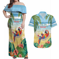 Pura Vida Costa Rica Couples Matching Off Shoulder Maxi Dress and Hawaiian Shirt Chilling Scarlet Macaw Tropical Vibes - Wonder Print Shop