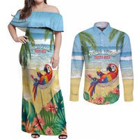 Pura Vida Costa Rica Couples Matching Off Shoulder Maxi Dress and Long Sleeve Button Shirt Chilling Scarlet Macaw Tropical Vibes - Wonder Print Shop