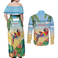 Pura Vida Costa Rica Couples Matching Off Shoulder Maxi Dress and Long Sleeve Button Shirt Chilling Scarlet Macaw Tropical Vibes - Wonder Print Shop