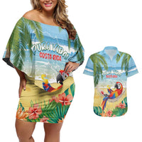 Pura Vida Costa Rica Couples Matching Off Shoulder Short Dress and Hawaiian Shirt Chilling Scarlet Macaw Tropical Vibes - Wonder Print Shop