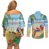 Pura Vida Costa Rica Couples Matching Off Shoulder Short Dress and Long Sleeve Button Shirt Chilling Scarlet Macaw Tropical Vibes - Wonder Print Shop