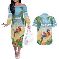 Pura Vida Costa Rica Couples Matching Off The Shoulder Long Sleeve Dress and Hawaiian Shirt Chilling Scarlet Macaw Tropical Vibes - Wonder Print Shop