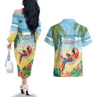 Pura Vida Costa Rica Couples Matching Off The Shoulder Long Sleeve Dress and Hawaiian Shirt Chilling Scarlet Macaw Tropical Vibes - Wonder Print Shop