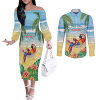 Pura Vida Costa Rica Couples Matching Off The Shoulder Long Sleeve Dress and Long Sleeve Button Shirt Chilling Scarlet Macaw Tropical Vibes - Wonder Print Shop