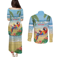Pura Vida Costa Rica Couples Matching Puletasi and Long Sleeve Button Shirt Chilling Scarlet Macaw Tropical Vibes - Wonder Print Shop