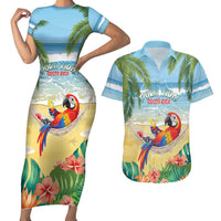 Pura Vida Costa Rica Couples Matching Short Sleeve Bodycon Dress and Hawaiian Shirt Chilling Scarlet Macaw Tropical Vibes - Wonder Print Shop